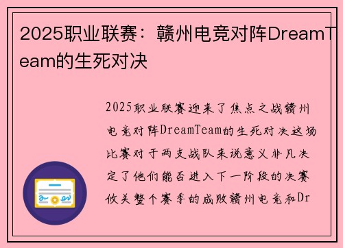 2025职业联赛：赣州电竞对阵DreamTeam的生死对决